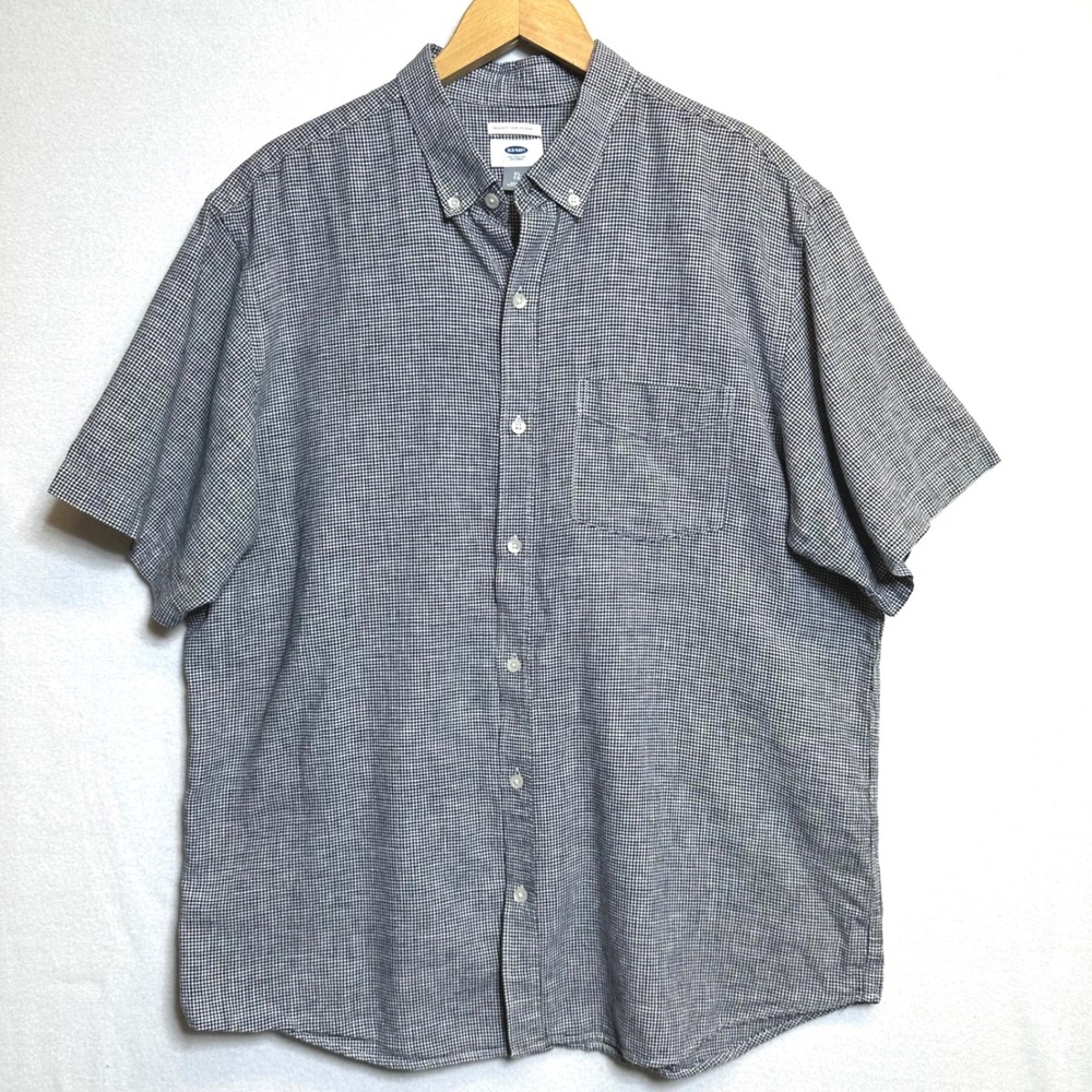 Old Navy Plaid Linen Cotton Shirt Mens XL Navy Blue Short Sleeve Button Down